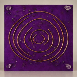Tesla Antenna – Large Tesla Frequency Art Plate with Copper Coil & Amethyst